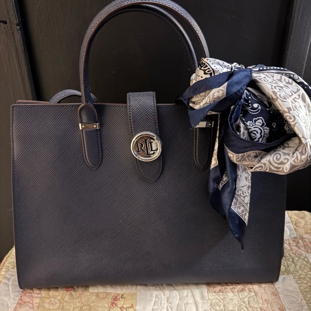 Ralph Lauren Navy Blue Leather Satchel with Silver Hardware. Comes with scarf - Picture 3 of 10